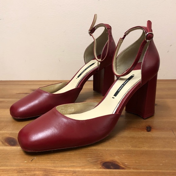 red leather pumps mid heel